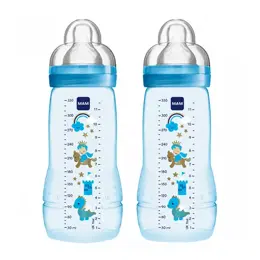 MAM Biberon 2ème âge Coloré 330ml Licorne Dragon Tétine Débit X Lot de 2