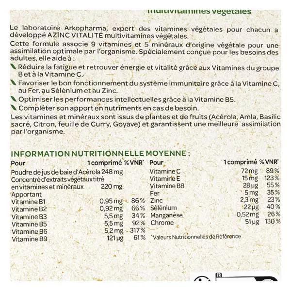 Arkopharma Azinc Naturel Vitalité 30 comprimidos