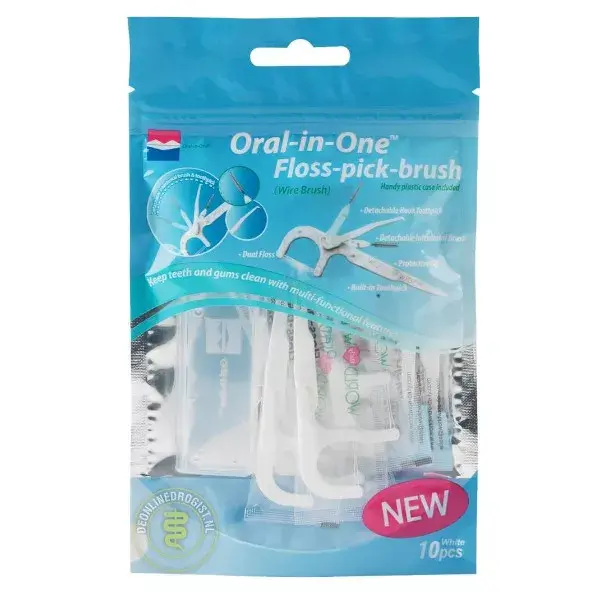 Floss-Pick-Brush Oral-In-One Blanc 10 Cure-dents