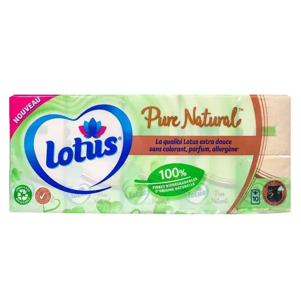 Lotus Mouchoirs Pure Naturelle 10 étuis de 10 mouchoirs