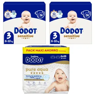 Dodot Sensitive T3 Diapers 2x74 units + Aqua Touch Wipes 288 units