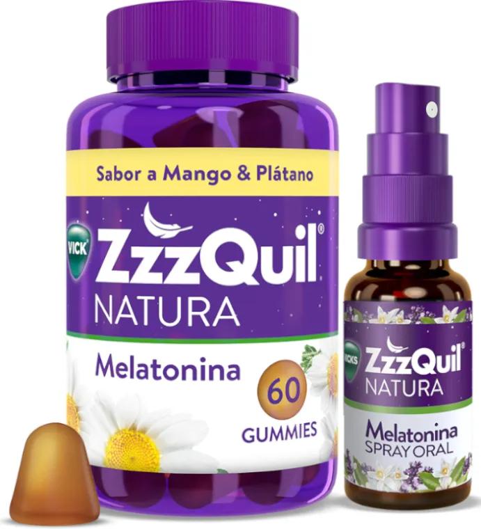 ZzzQuil Natura Mélatonine 1mg Mangue et Banane 60 Gummies + Spray 30 ml