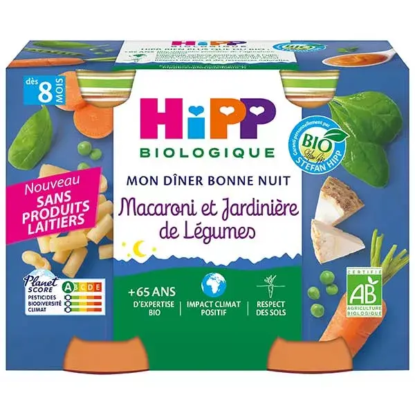 Hipp Bio Mon Dîner Bonne Nuit Macaroni et Jardinière de Légumes Bio 2x190g
