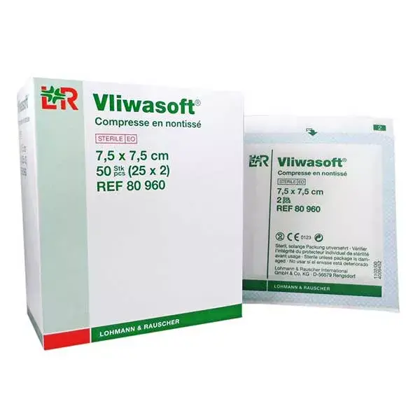 L & R Vliwasoft compresses it into non-woven 30g S - 2-7, 5cmx7, 5cm box - 25 s Sterile LPP