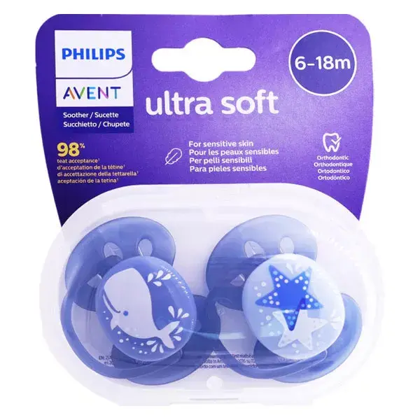 Avent Ultra Soft Symmetrical Pacifier 6-18m Whale Star Blue Pack of 2