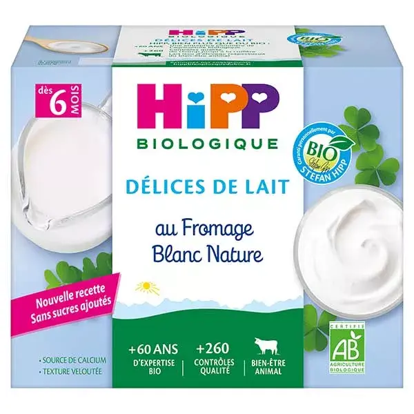 Hipp Bio Délices de Lait Fromage Blanc Nature Sucré +6m 4 x 100g
