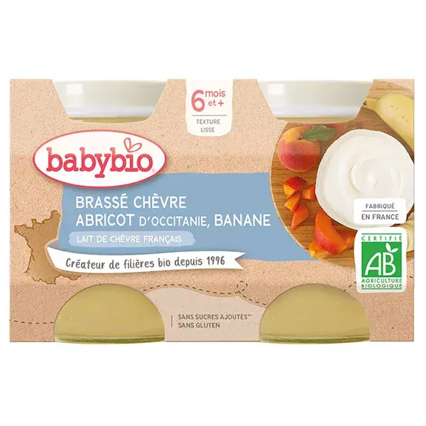 Babybio Desserts Lactés Pot Brassé au Lait de Chèvre Abricot Banane +6m Bio 2 x 130g