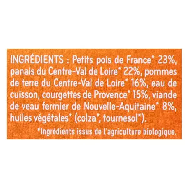 Babybio Repas Midi Pot Petits Pois Panais Courgette Veau +6m Bio 2 x 200g