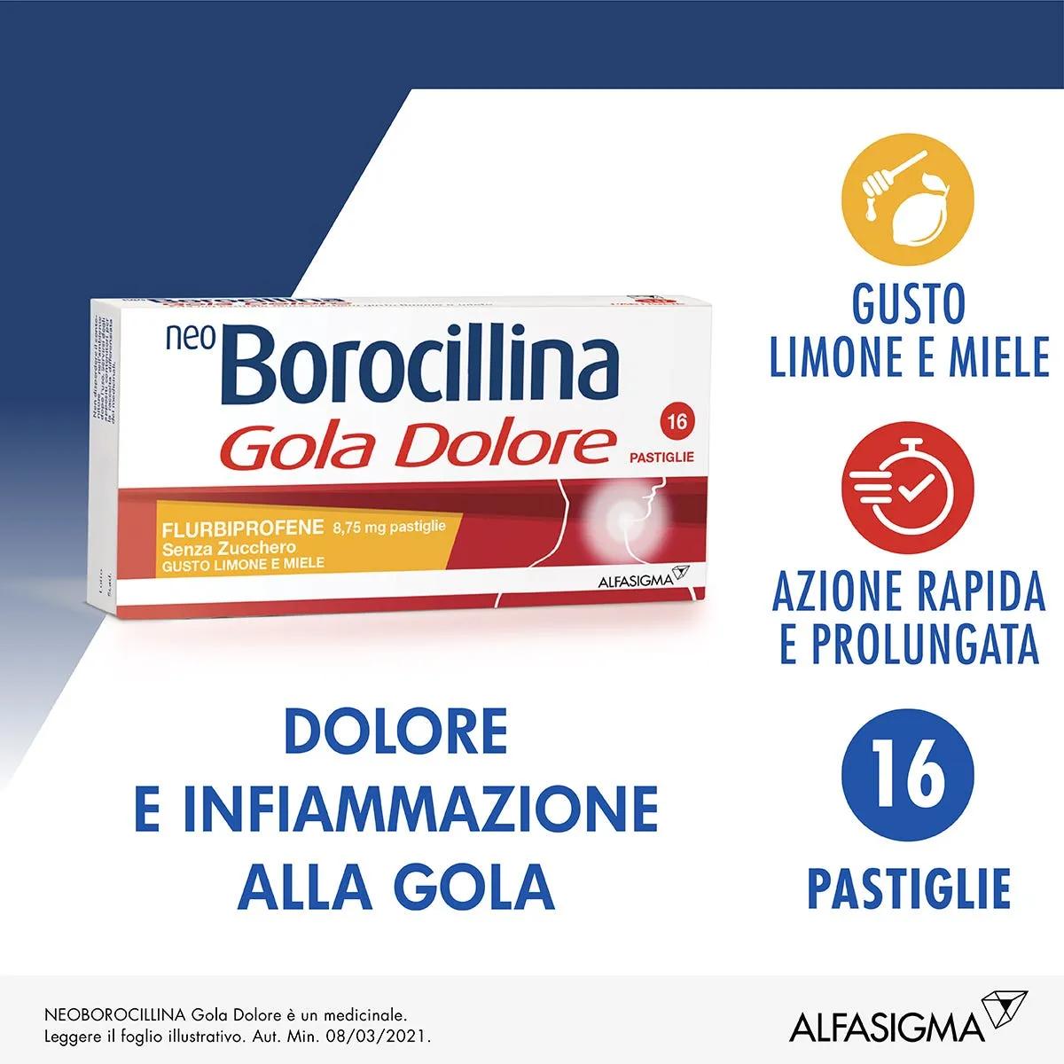 Neo Borocillina Gola Dolore 8,75 mg Limone e Miele Senza Zucchero 16 Pastiglie