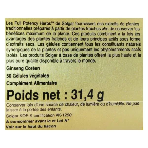 Solgar Ginseng coreano Panax - 50 comprimidos vegetales