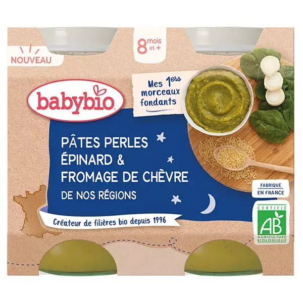 Babybio Bonne Nuit Pâtes Perles Epinard & Fromage de Chèvre Bio 2 x 200g
