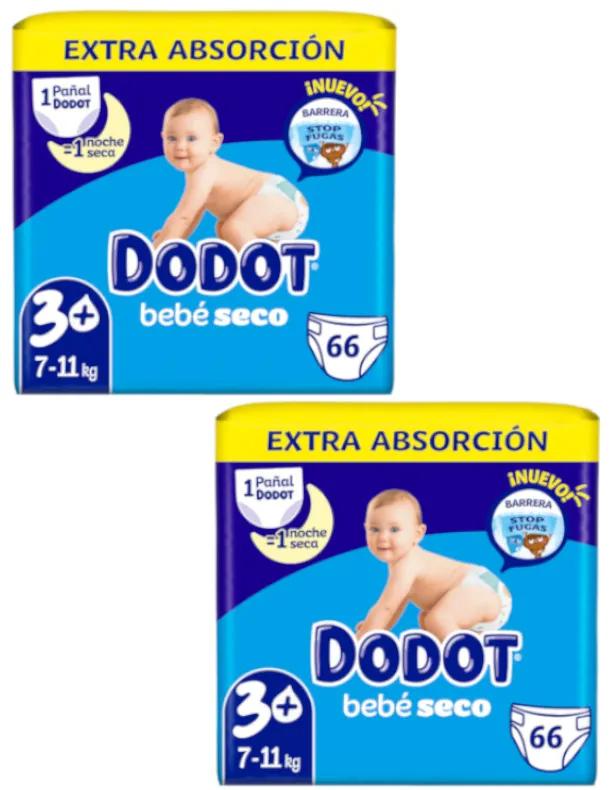 Dodot Couches Bébé Extra Dry T3+ (7-11 Kg) 2x66 unités