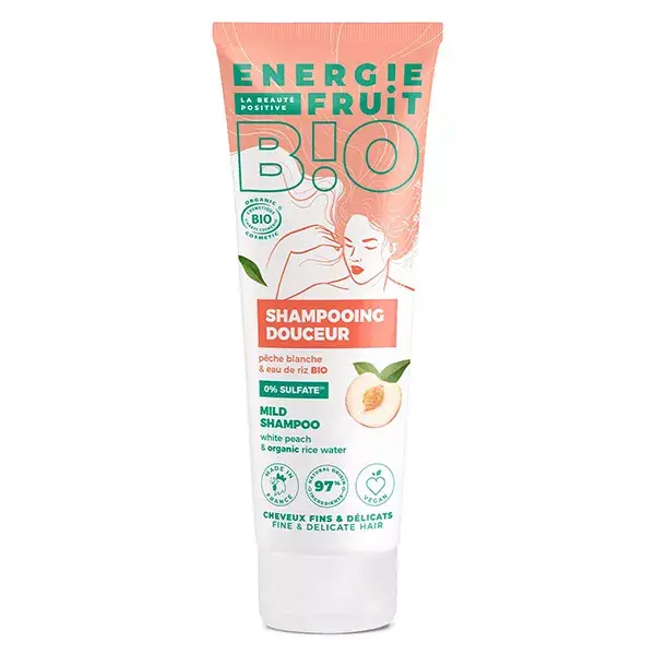 Energie Fruit Cheveux Fins et Délicats Shampoing Douceur Pêche Blanche & Eau de Riz Bio 250ml