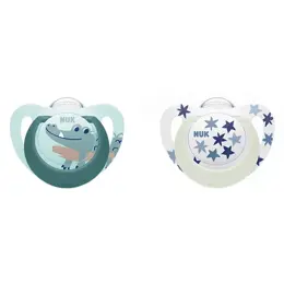 Nuk Sucette Starlight Silicone +6m Crocodile Bleu Étoiles Lot de 2