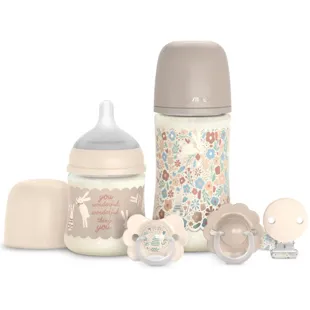 Suavinex Wonderland Set: Slow Flow Baby Bottle + Medium Flow Baby Bottle + 2 Pacifiers (0-6m) + Pacifier Clip (Beige)