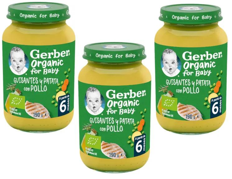 Gerber Bio Petits Pois, Pommes de Terre et Poulet +6m 3x190 gr