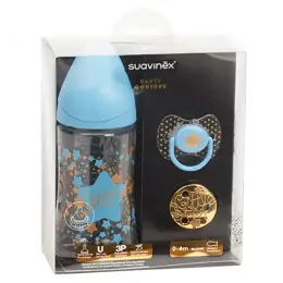 Suavinex Pack Couture Biberon 270ml + Sucette 0-4m + Attache Sucette Bleu