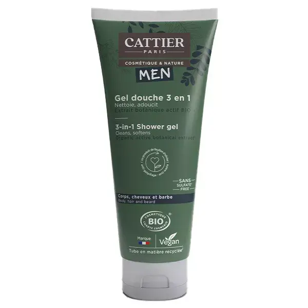 Cattier Men Shower Gel for Men 3 in 1 Hair Body Beard Organic 200ml