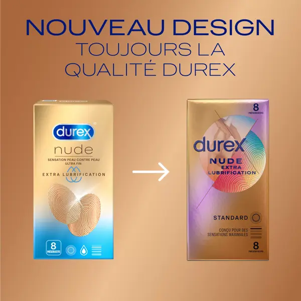 Durex Nude Extra Lubrification Sensation Peau Contre Peau 8 préservatifs ultra fins