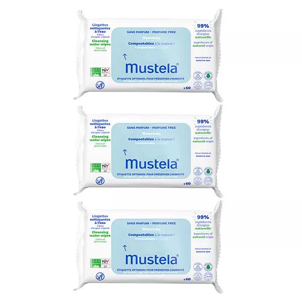 Mustela Lingettes Nettoyantes Compostables Non Parfumées Lot de 3 x 60 unités