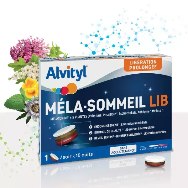 Alvityl Mela-Sommeil LIB Mélatonine + 5 plantes dès 18 ans 15 comprimés