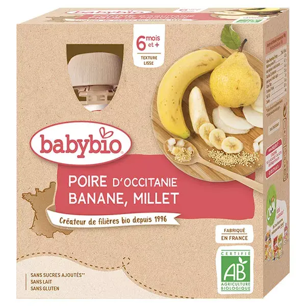 Babybio Fruits Gourde Poire Banane Millet +6m Bio 4 x 90g