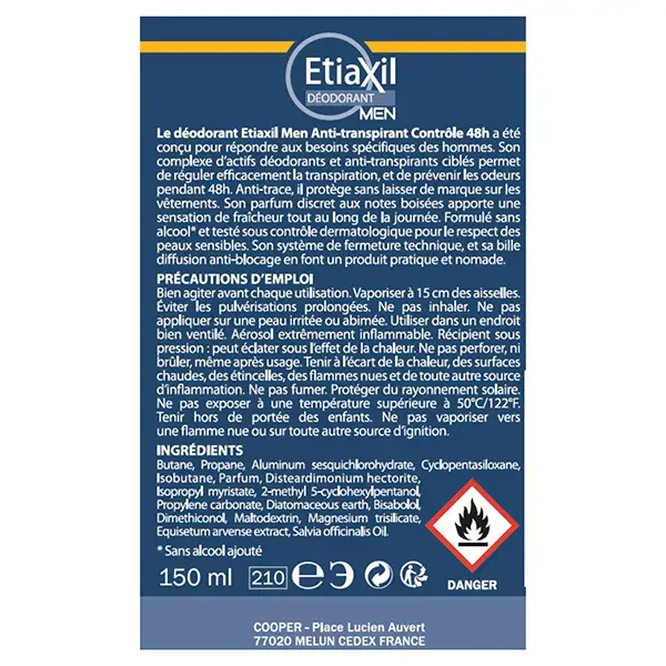 ETIAXIL Déodorant Anti-Transpirant Men Contrôle 48h Aérosol Lot de 2 x 150ml