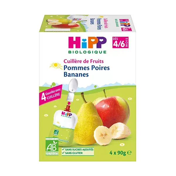 Hipp Bio 100% Fruits Cantimplora de Manzana, Pera y Plátano +4-6m Pack de 4x90g