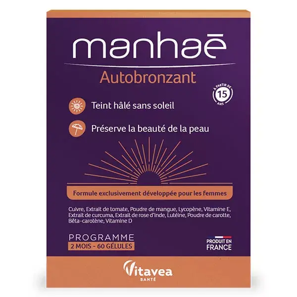 Manhaé - Autobronzant - Teint hâlé sans soleil - Préserve la beauté de la peau - 60 gélules