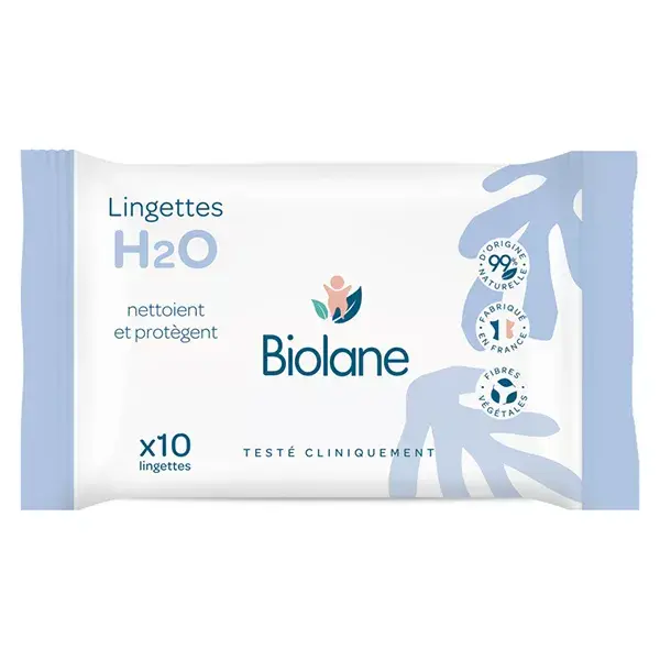 Biolane - Lingettes nettoyantes H2O à l'eau pour bébé - 10  lingettes épaisses
