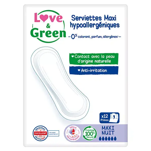 Love & Green Serviettes Hypoallergéniques Maxi Nuit 12 unités