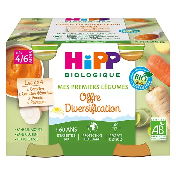 Hipp Bio Mes Premiers Légumes Pot Carottes Carottes Blanches Panais Poireaux +4m 4 x 125g
