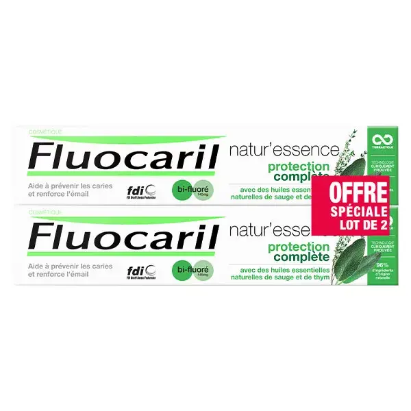Fluocaril Natur'Essence Dentifrice Bi-Fluoré 145mg Protection Complète Lot de 2 x 75ml