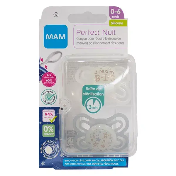 MAM Perfect Night Silicone Pacifier +2m Rabbit Pack of 2 + Sterilisation Box