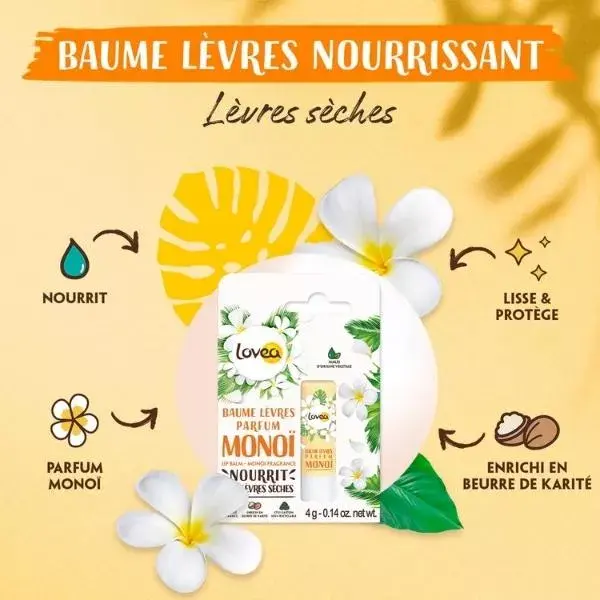 Lovea - Baume À Lèvres - Monoï - Lèvres Sèches - Au Beurre De Karité 4g