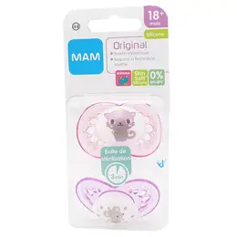 MAM Sucette Original Anatomique Silicone +18m  Chat Souris Rose Lot de 2