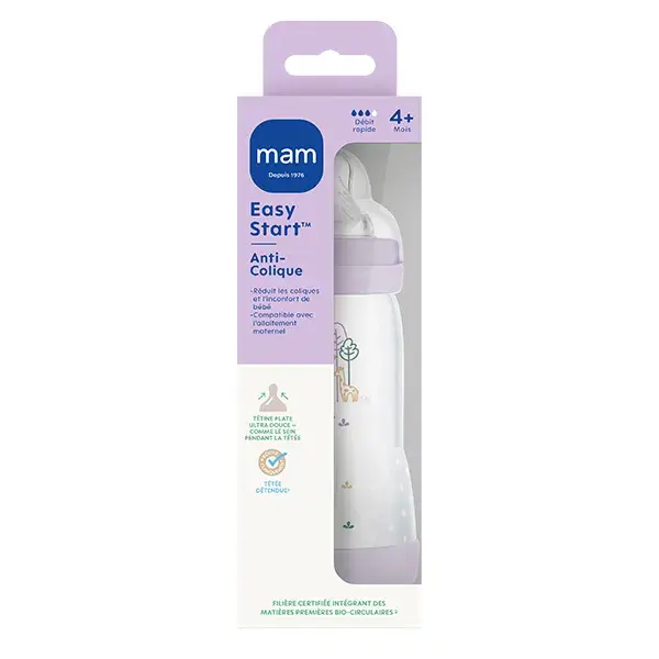 Mam Biberon Easy Start / Anti-Colique Lilas Tétine Débit 3 320ml