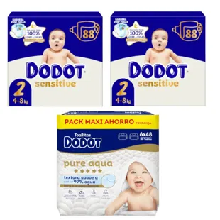 Dodot Sensitive Jumbo Diapers Pack T2 2x88 units + Aqua Touch Wipes 288 units
