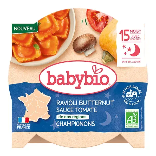 Babybio Ravioli Butternut Sauce with Tomatoes from Our Regions and Organic Mushrooms 190g