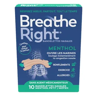 Cerotti nasali Breathe Right al mentolo, per naso congestionato di media entità, 10 unità