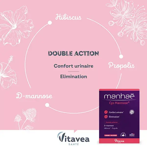 Manhaé Cys Mannose - Confort urinaire -  Hibiscus, D-mannose - 10 sticks - 5 jours