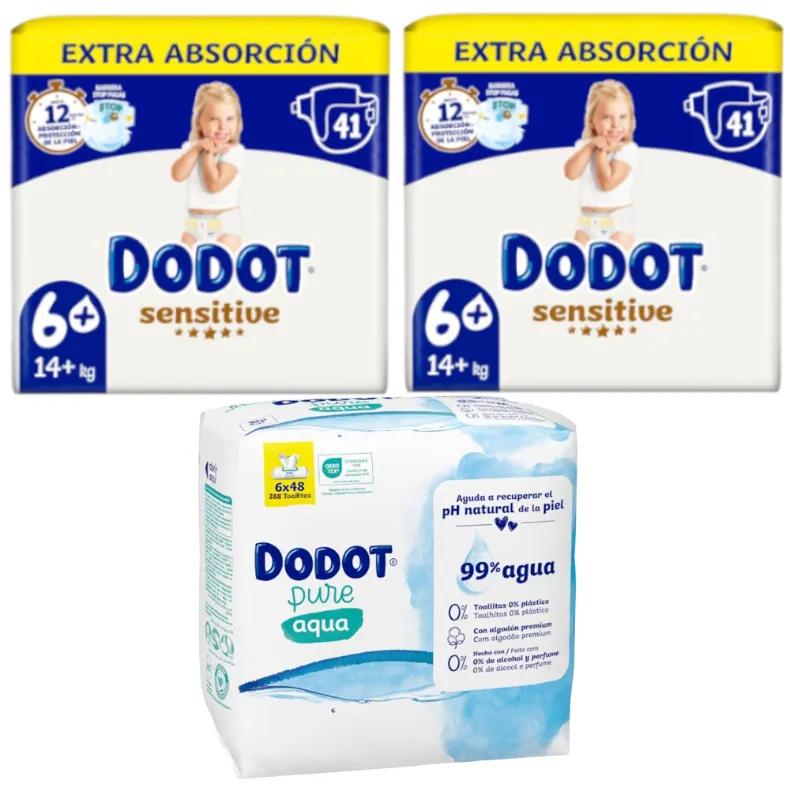 Dodot Sensitive Extra Windeln T6+ 2x41 Einheiten + Plastikfreie Feuchttücher 288 Einheiten