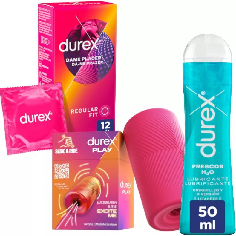 Durex SLIDE & RIDE Masturbateur + Lubrifiant Effet Rafraîchissant 50 ml + Préservatif Give Me Pleasure 12 Unités