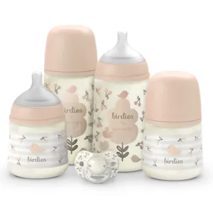 Suavinex Birdies Set: Slow Flow Baby Bottle 2x150ml + Medium Flow Baby Bottle 2x270ml + Pink Pacifier 0-6m