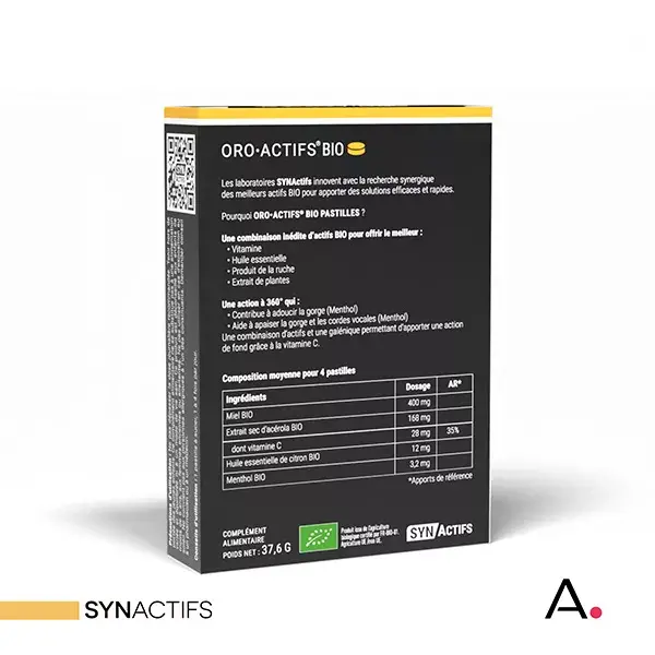 Aragan - Synactifs - Oroactifs® BIO - Maux de Gorge - Miel, Menthol - 24 Pastilles