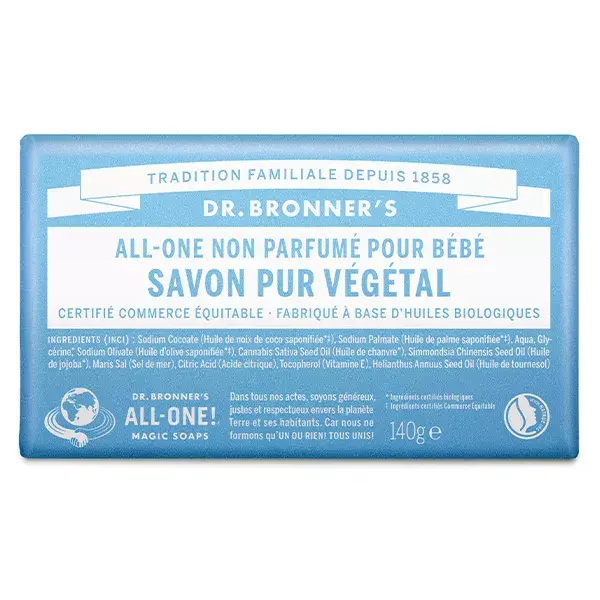 Dr Bronner's Savon Pur Végétal Non Parfumé Pour Bébé 140g