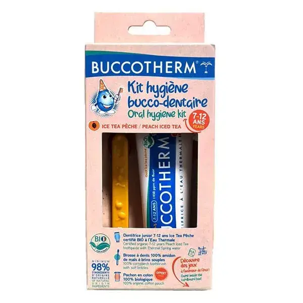 Buccotherm Kit Eco Dentifrice Enfant 7 à 12 ans Bio Ice Tea Pêche 50ml + 1 Brosse à Dent + 1 Pochon Coton Bio