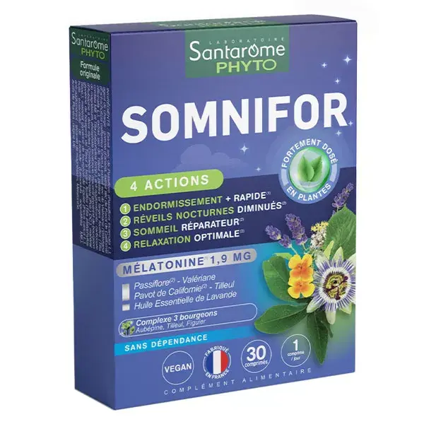Santarome Phyto - Somnifor 4 Actions - Mélatonine 1,9mg + Plantes - 30 comprimés