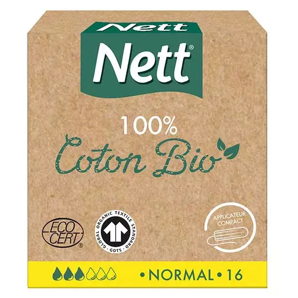 Nett 100% Coton Bio Tampon Normal avec Applicateur 16 unités
