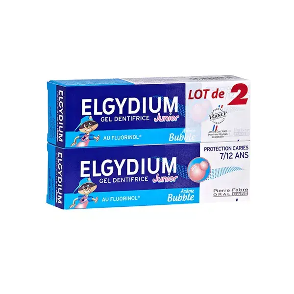 Elgydium Bébé & Enfant Protection Caries Dentifrice Junior 7-12 ans Goût Bubble Lot de 2 x 50ml